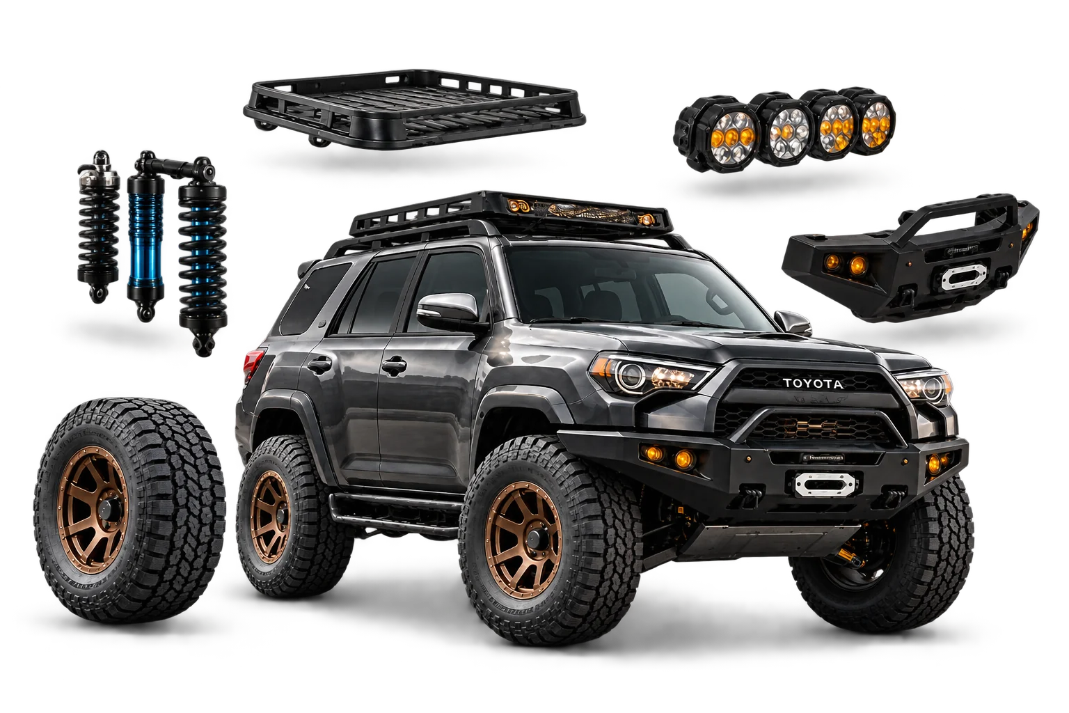 The same 4Runner, lifted, with the parts of the build floating around it: roof rack, light pods, front bumper, three shocks and an off-road wheel and tire.